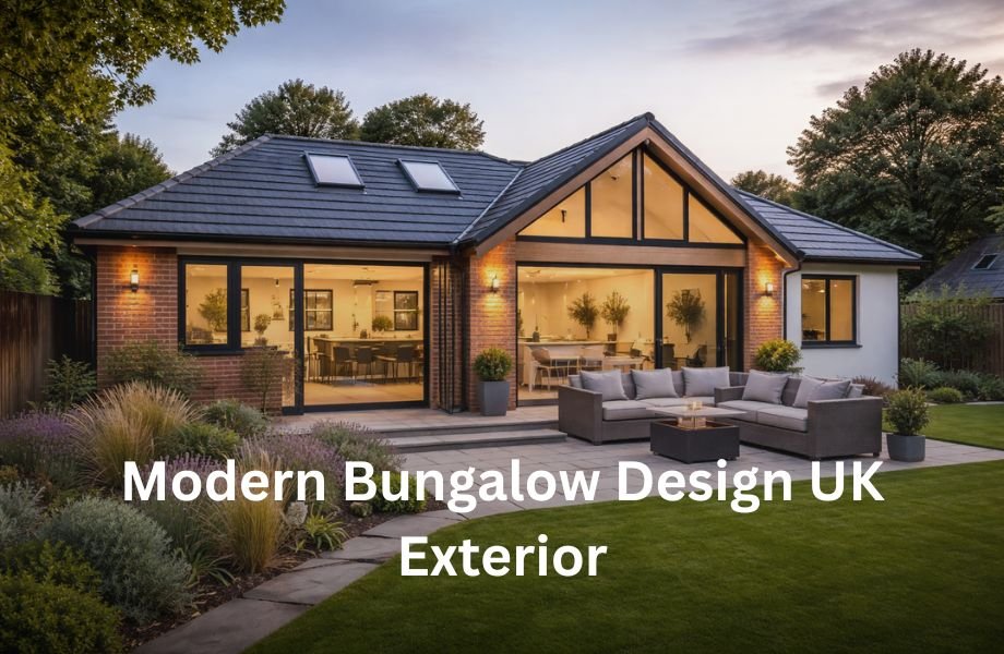 Modern bungalow design UK with open layout, large windows, and contemporary garden exterior