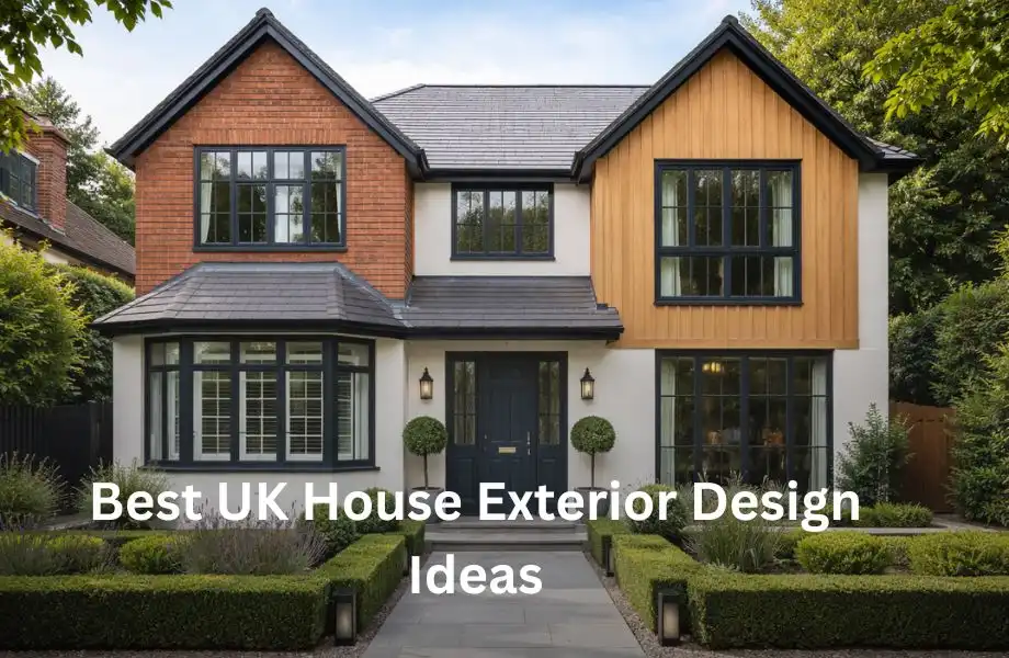 modern house exterior design UK with brick facade timber cladding and landscaped front garden